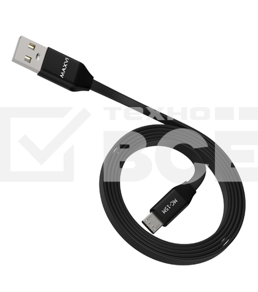 Кабель Maxvi MC-15M black, USB-A - microUSB, 2A ток макс. нагрузки 2А, макс. напряжение 5V; стандарт USB 2.0; плоский кабель, длина 1м, оплетка TPE, металлические корпуса разъемов, цвет черный