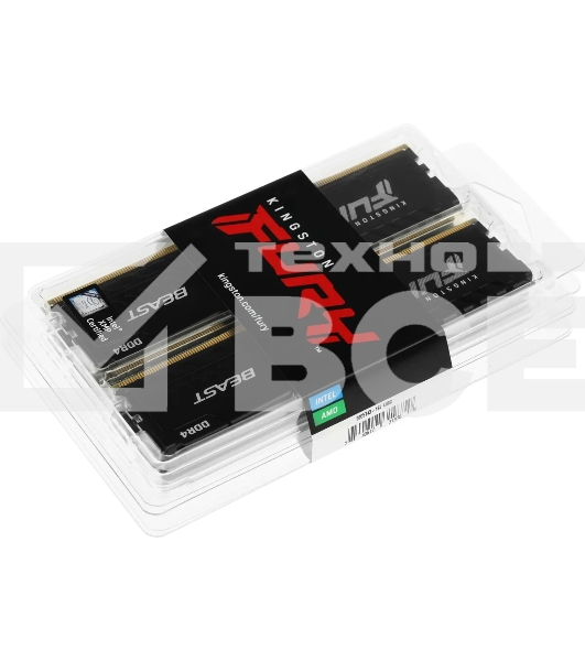 Оперативная память Kingston Fury Beast, DDR4, 64GB (4x16GB), 3600MHz, CL18, радиатор, чёрный