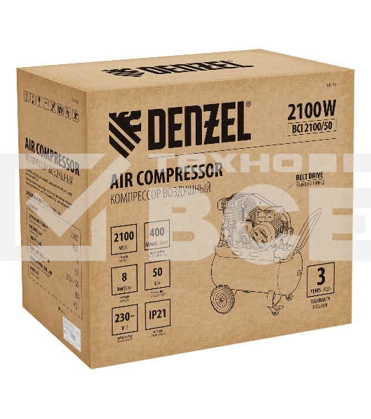 Компрессор воздушный рем. привод BCI 2100/50, 2,1 кВт, 50 литров, 400 л/мин Denzel