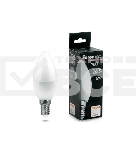 Лампа светодиодная FERON PRO LB-1309 (38060) 9 вт Е14 белый матовая свеча