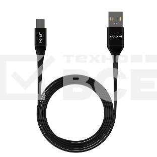 Кабель Maxvi MC-15T black, USB-A - Type-C, 2A ток макс. нагрузки 2А, макс. напряжение 5V; стандарт USB 2.0; плоский кабель, длина 1м, оплетка TPE, металлические корпуса разъемов, цвет черный