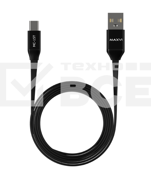 Кабель Maxvi MC-15T black, USB-A - Type-C, 2A ток макс. нагрузки 2А, макс. напряжение 5V; стандарт USB 2.0; плоский кабель, длина 1м, оплетка TPE, металлические корпуса разъемов, цвет черный