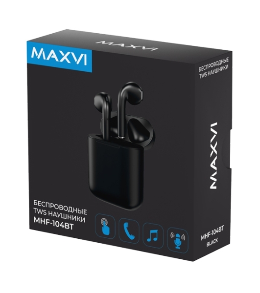 Наушники TWS Maxvi MHF-104BT черный, вкладыши, Bluetooth, сенсорное управление, до 4 ч
