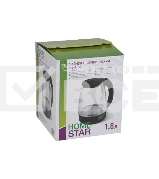 Чайник электрический Homestar HS-1045 1.8л, стекло, пластик, черный