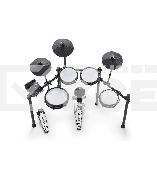 Электронная ударная установка Alesis NITRO MAX KIT NITROMAXKITXEUK: 3 пэда томов (8), двухзонный пэд малого барабана (10), пэд бочки с педалью, два пэда тарелок (10), пед хай-хэта (10), алюминиевая рама со стойками, модуль, кабели для подключения, а