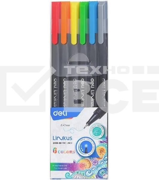 Набор ручек капиллярных Deli Linkus (EQ900-06), d=0.45мм, ассорти чернила, игловидный пишущий наконечник, линия 0.45мм, 6 цветов