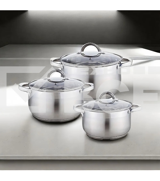 Набор посуды WEBBER BE-616/6 из нерж.стали 6 пр. 2,1 л, 2,9 л, 3,9 л со стеклянными крышками В наборе 6 предметов: кастрюля со стеклянной крышкой 16х10,5 см; 2,1 л кастрюля со стеклянной крышкой 18х11,5 см; 2,9 л кастрюля со стеклянной крышкой 20х12,5см; 