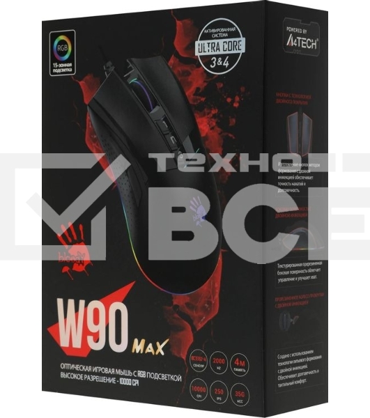 Мышь проводная A4Tech Bloody W90 Max черный, 10000 dpi, USB, кнопки - 10