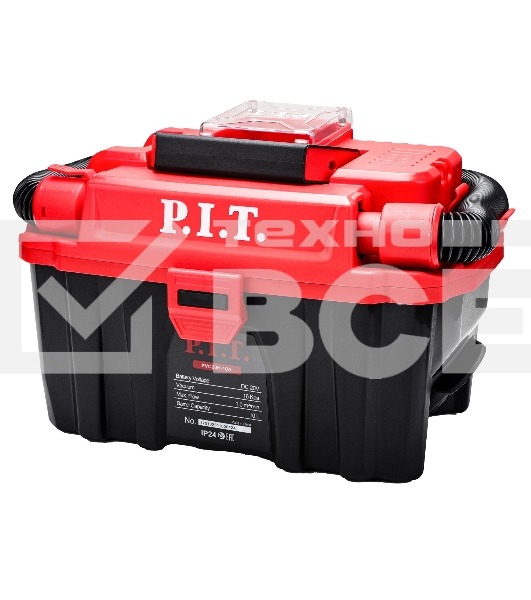 Строительный пылесос P.I.T. PVC20H-10A SOLO красный, питание от аккумулятора, 200 Вт, уборка сухая/влажная/выдув, пылесборник 10 л