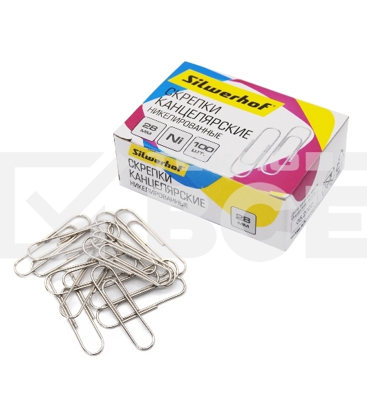 Скрепки Silwerhof 194041 никель 28мм (упаковка: 100шт) картонная коробка