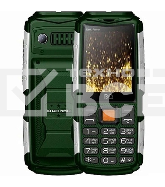 Мобильный телефон BQ 2430 Tank Power Green&silver 2.4” 240x320/32+32Mb/BT/2Sim/microSD/0.3Mp/4000mAh/Powerbank