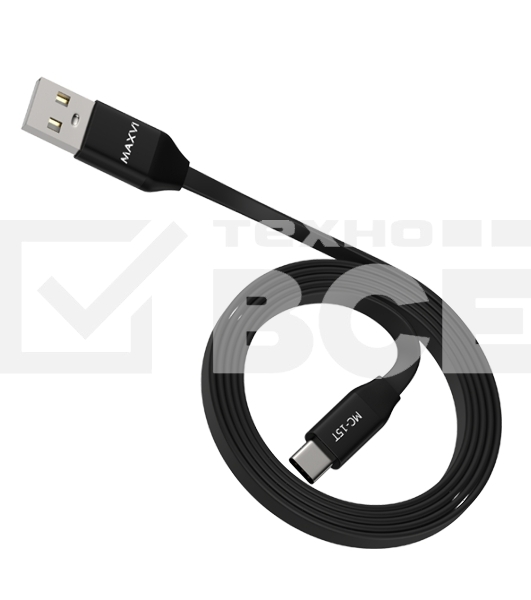 Кабель Maxvi MC-15T black, USB-A - Type-C, 2A ток макс. нагрузки 2А, макс. напряжение 5V; стандарт USB 2.0; плоский кабель, длина 1м, оплетка TPE, металлические корпуса разъемов, цвет черный