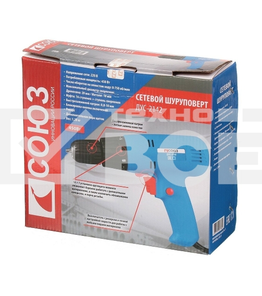 Дрель-шуруповерт аккумуляторная безударная СОЮЗ ДУС-2142 450Вт, 0-750 об/мин, 14.5Нм, рег.кр.мом. ДУС-2142