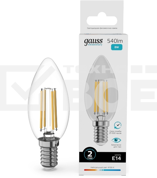 Лампа филам. Gauss Filament 8Вт цок.:E14 свеча св.свеч.бел.нейт. (упак.:10шт) (32128)