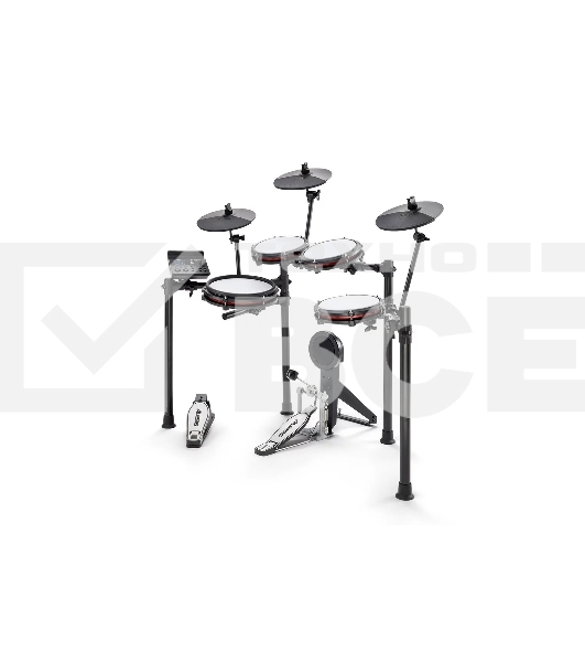 Электронная ударная установка Alesis NITRO MAX KIT NITROMAXKITXEUK: 3 пэда томов (8), двухзонный пэд малого барабана (10), пэд бочки с педалью, два пэда тарелок (10), пед хай-хэта (10), алюминиевая рама со стойками, модуль, кабели для подключения, а