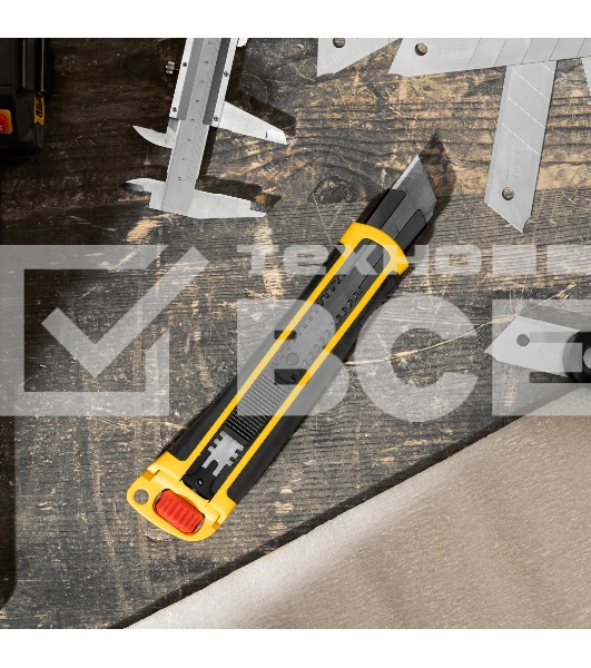 Нож Denzel 25 мм, сменное лезвие, SK4, корпус из ABS + TPR, торцевой зажим