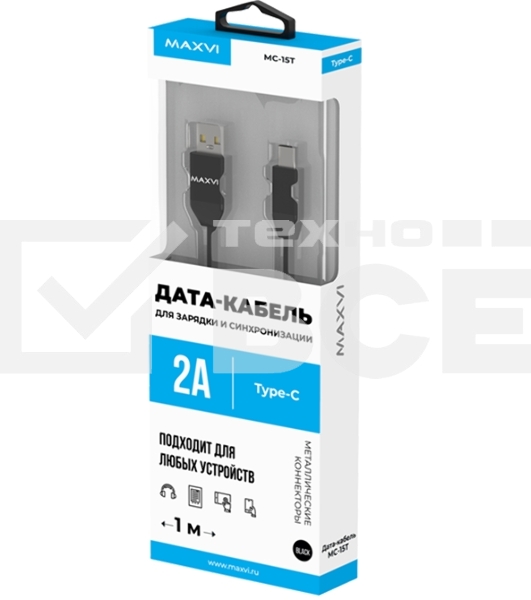 Кабель Maxvi MC-15T black, USB-A - Type-C, 2A ток макс. нагрузки 2А, макс. напряжение 5V; стандарт USB 2.0; плоский кабель, длина 1м, оплетка TPE, металлические корпуса разъемов, цвет черный