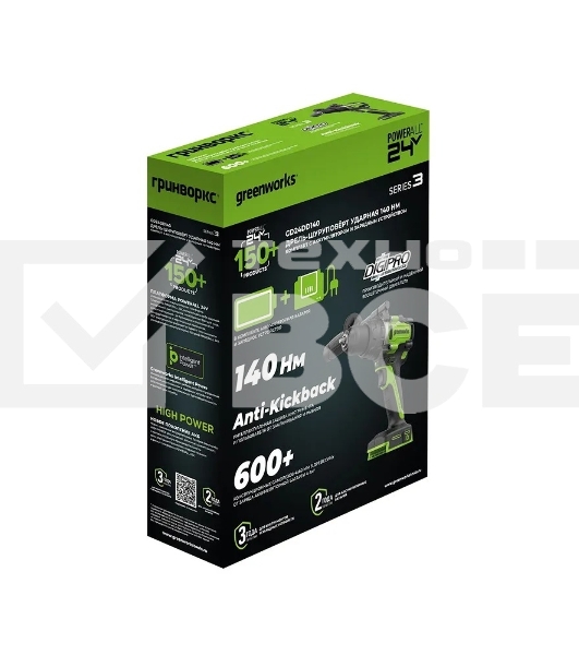 Дрель-шуруповерт аккумуляторная Greenworks GD24DD140 24V, 70/140Нм,Anti-kickback,2х4Ач,ЗУ,кор 3707607CUD