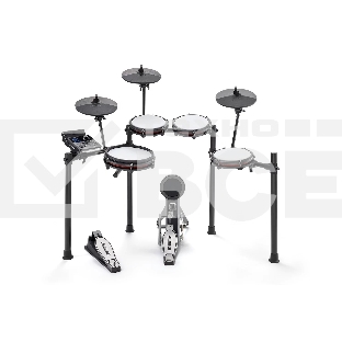 Электронная ударная установка Alesis NITRO MAX KIT NITROMAXKITXEUK: 3 пэда томов (8), двухзонный пэд малого барабана (10), пэд бочки с педалью, два пэда тарелок (10), пед хай-хэта (10), алюминиевая рама со стойками, модуль, кабели для подключения, а