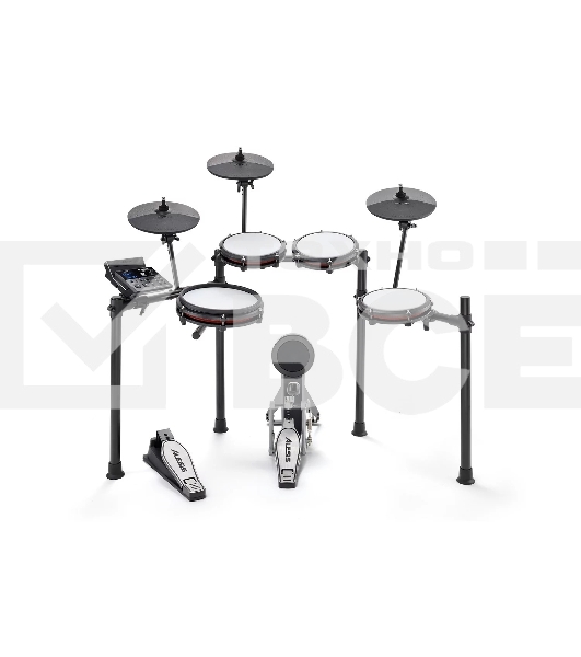 Электронная ударная установка Alesis NITRO MAX KIT NITROMAXKITXEUK: 3 пэда томов (8), двухзонный пэд малого барабана (10), пэд бочки с педалью, два пэда тарелок (10), пед хай-хэта (10), алюминиевая рама со стойками, модуль, кабели для подключения, а