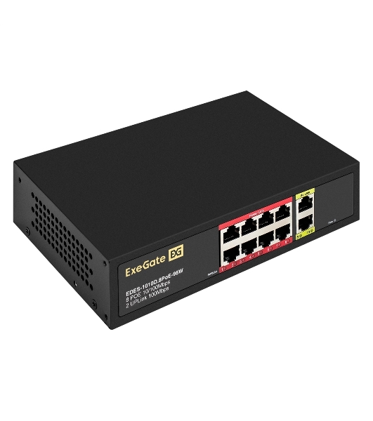 Коммутатор неуправляемый ExeGate EDES-1010D.8PoE-96W (10-портовый UTP 10/100 Base-Tx: 8 портов IEEE 802.3af (PoE), мощность PoE: 25W, суммарно 96W, 2 порта RJ45 uplink, настенный/настольный, металлический корпус)