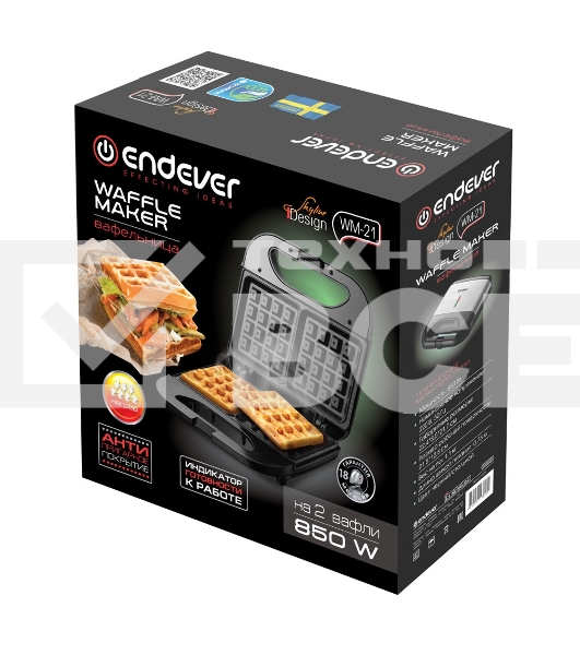 Вафельница Endever Skyline WM-21 черный/стальной, 850 Вт, на 2 вафли, автом. терморегулятор, размеры 22,4*21,7 см