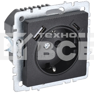 Розетка 1-местная IEK BRITE РЮш11-1-БрЧ (BR-R14-16-U22-018-K02) с заземлением, с защитными шторками, 16А, с USB A+C 18В т, черный