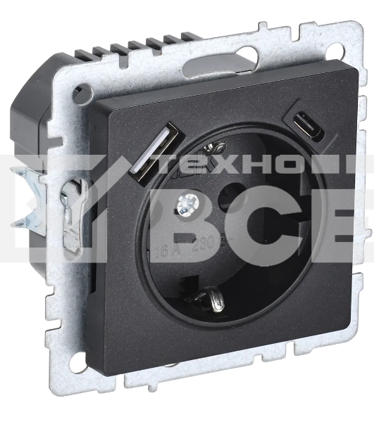 Розетка 1-местная IEK BRITE РЮш11-1-БрЧ (BR-R14-16-U22-018-K02) с заземлением, с защитными шторками, 16А, с USB A+C 18В т, черный