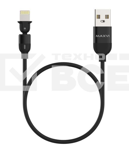 Кабель Maxvi MC-19L black, USB-A - Lightning, 2.4A, LED ток макс. нагрузки 2.4А, макс. напряжение 5V; стандарт USB 2.0; длина кабеля 1.5м, нейлоновая оплетка, металлические корпуса разъемов,LED подсветка, цвет: черный