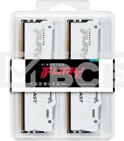 Оперативная память Kingston Fury Beast White RGB, DDR5, 64GB (2x32GB), 6000MHz, CL36, с радиаторами, RGB, белый