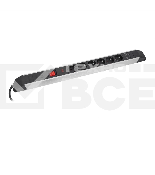 Сетевой фильтр СТАРТ SP 6x1 ZDVT 2USB, 6 розеток, до 16А, 1.5м, с заземлением, кнопка включения, алюминиевый корпус, защитные шторки, черный