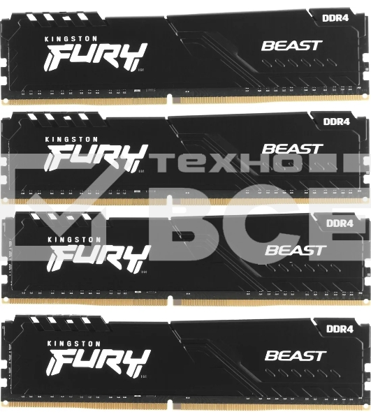 Оперативная память Kingston Fury Beast, DDR4, 64GB (4x16GB), 3600MHz, CL18, радиатор, чёрный