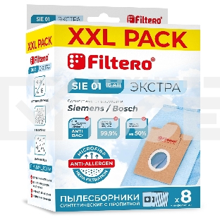Пылесборники Filtero SIE 01 XXL PACK Экстра, пятислойные, 8 шт., для пылесосов Bosch, SIEMENS, CONTI, KARCHER, SHIVAKI, Ufesa