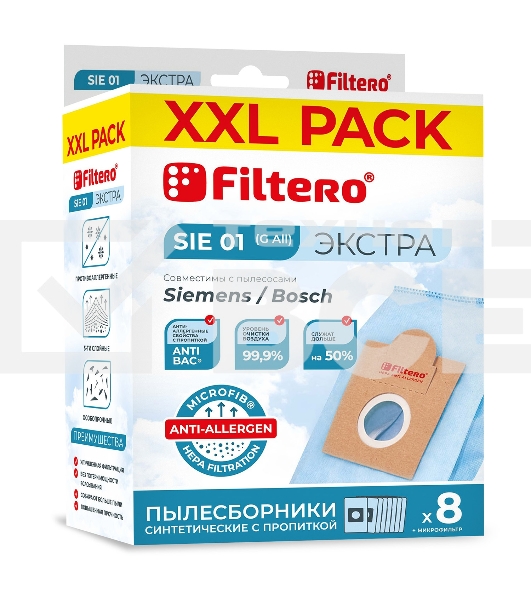 Пылесборники Filtero SIE 01 XXL PACK Экстра, пятислойные, 8 шт., для пылесосов Bosch, SIEMENS, CONTI, KARCHER, SHIVAKI, Ufesa