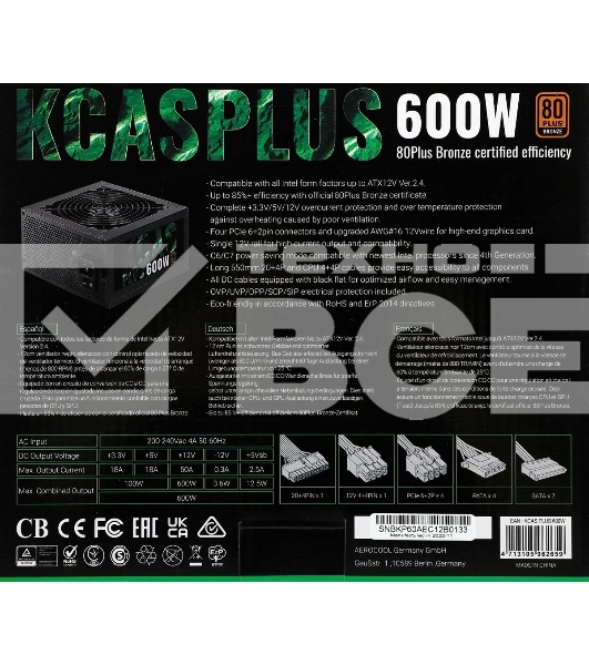 Блок питания Aerocool/Formula KCAS PLUS 600W, 600Вт, 80 PLUS Bronze, 120мм, черный