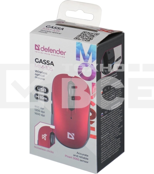 Мышь беспроводная Defender Gassa MM-105 красный, 1600 dpi, радиоканал, USB, кнопки - 6