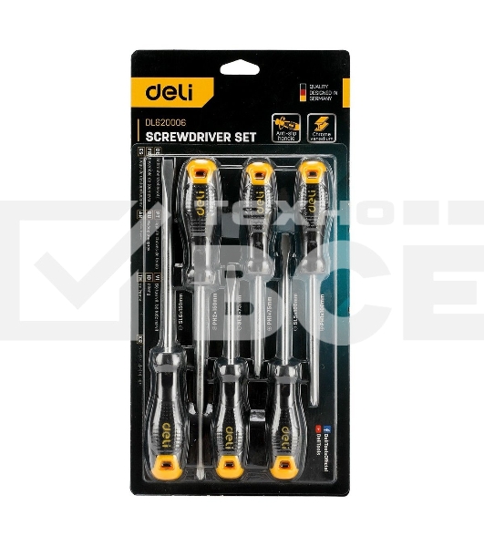 Набор отверток Deli DL620006 6шт SL5x75 + SL5x100 + SL6x150 + PH1x75 + PH1x100 + PH2x150
