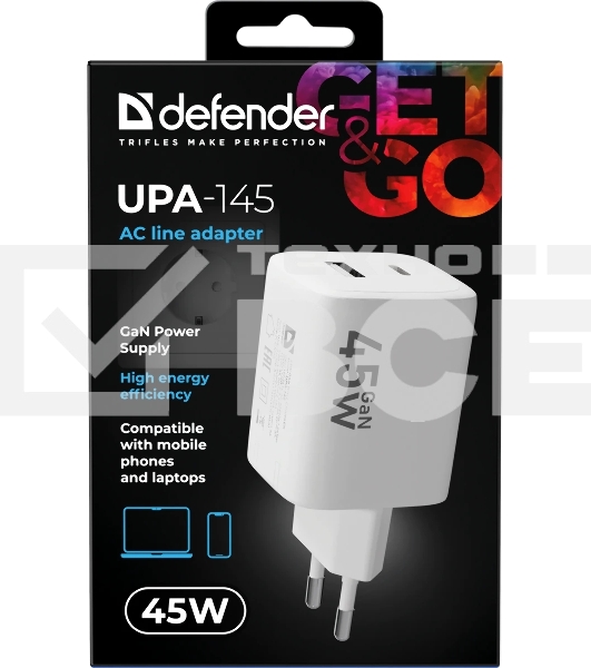 Сетевое зарядное устройство Defender UPA-145 45W, USB A+C, белый