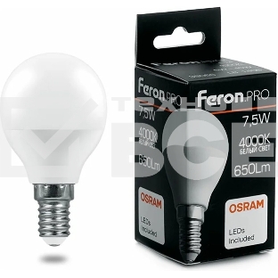 Лампа светодиодная Feron PRO LB-1407 (38072) 7.5 вт Е14 белый матовый шар