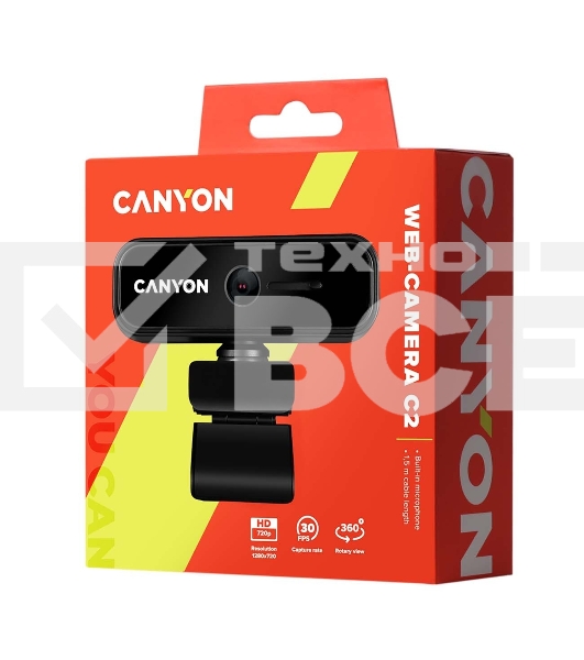 Веб камера CANYON C2 720P HD 1.0Mega fixed focus webcam with USB2.0. connector, 360° rotary view scope, 1.0Mega pixels, built in MIC, Resolution 1280*720(1920*1080 by interpolation), viewing angle 46°, cable length 1.5m, 90*60*55мм, 0.104kg, черный