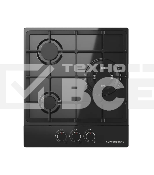 Варочная поверхность Kuppersberg, газ, High-Tech, 45 см, автоматический электроподжиг, газ-контроль, SABAF конфорки, чугунные решетки, WOK конфорка, цвет черный, цвет фурнитуры черный