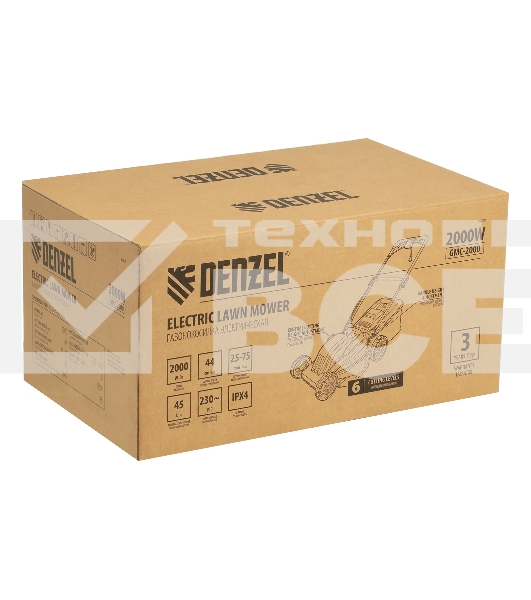 Газонокосилка электрическая Denzel GMC-2000, шир. 44см, 2000 Вт, 6 уров., травосб. 45 л