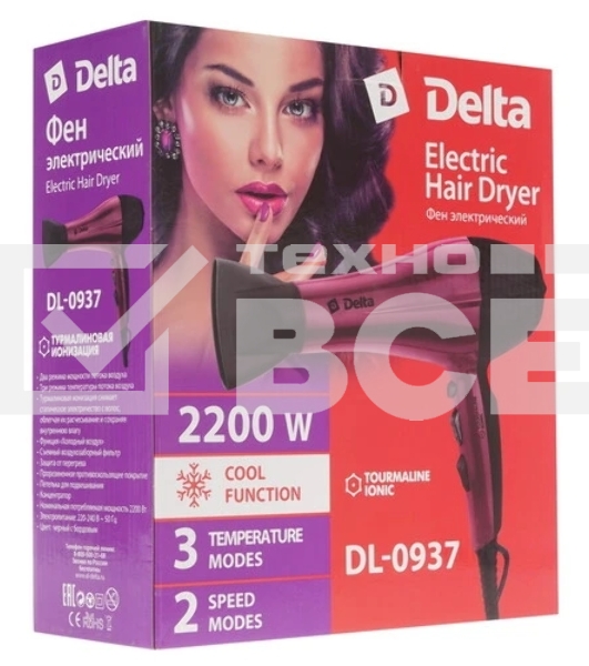 Фен Delta DL-0937 черный/бордовый, 2000 Вт, ионизация