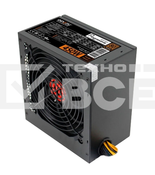 Блок  питания Ginzzu PB450 12CM 80 PLUS  black,APFC,20+4p,1 PCI-E(6+2), 4*SATA, 2*IDE, OEM