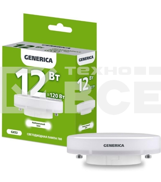 Лампа LED T80 IEK LL-T80-12-230-40-GX53-G таблетка 12Вт 230В 4000К GX53 GENERICA