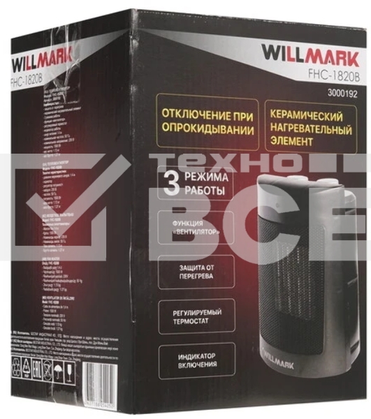 Тепловентилятор Willmark FHC-1820B, черный, 1500 Вт, 15 м2, термостат