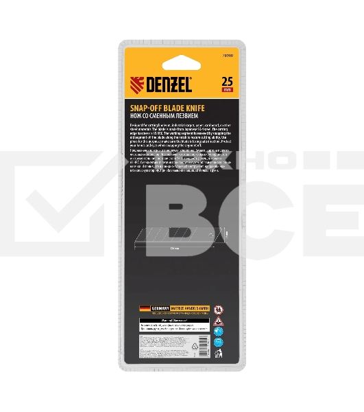 Нож Denzel 25 мм, сменное лезвие, SK4, корпус из ABS + TPR, торцевой зажим