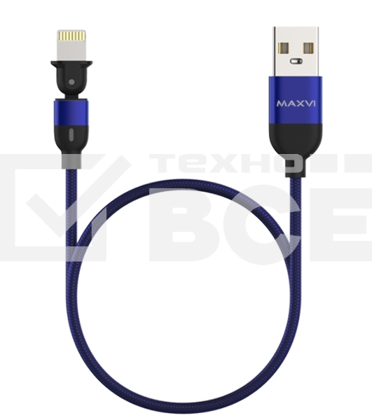 Кабель Maxvi MC-19L blue, USB-A - Lightning, 2.4A, LED ток макс. нагрузки 2.4А, макс. напряжение 5V; стандарт USB 2.0; длина кабеля 1.5м, нейлоновая оплетка, металлические корпуса разъемов,LED подсветка, цвет: синий
