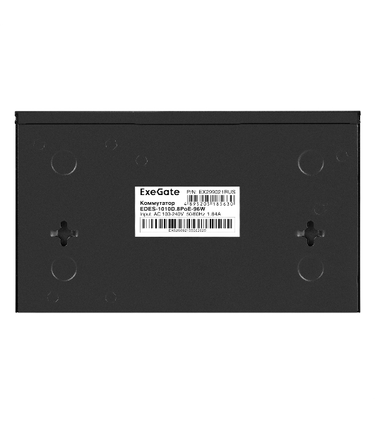 Коммутатор неуправляемый ExeGate EDES-1010D.8PoE-96W (10-портовый UTP 10/100 Base-Tx: 8 портов IEEE 802.3af (PoE), мощность PoE: 25W, суммарно 96W, 2 порта RJ45 uplink, настенный/настольный, металлический корпус)