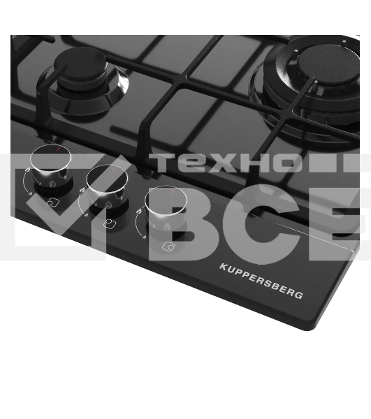 Варочная поверхность Kuppersberg, газ, High-Tech, 45 см, автоматический электроподжиг, газ-контроль, SABAF конфорки, чугунные решетки, WOK конфорка, цвет черный, цвет фурнитуры черный